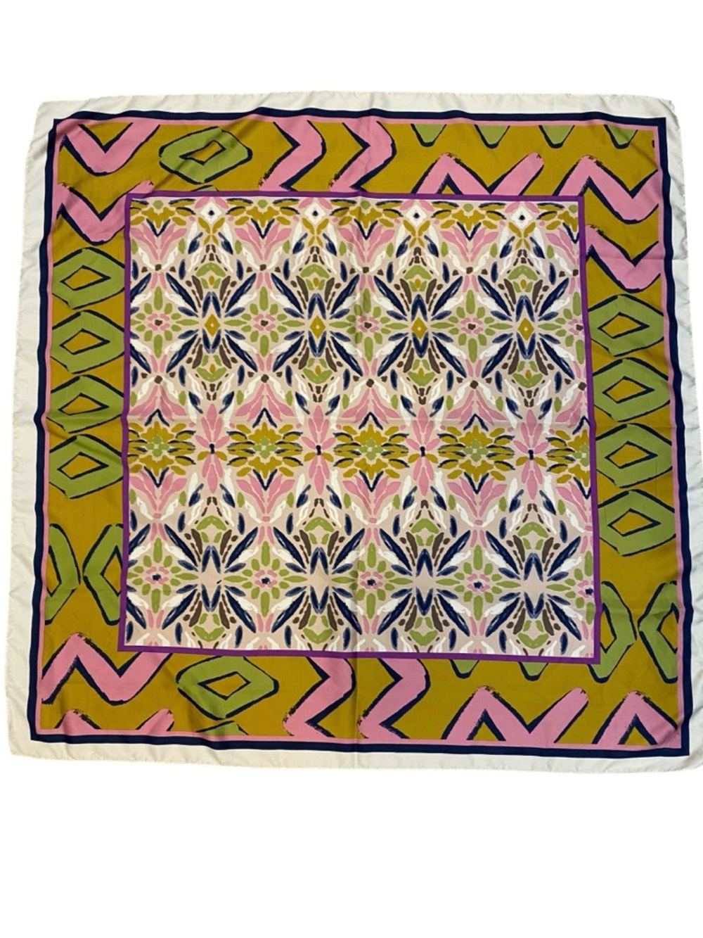 Zara Mustard Yellow, Olive, Tan & Pink Printed Scarf 28” x 28” like new